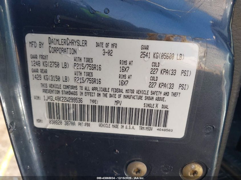 2002 Jeep Liberty Sport VIN: 1J4GL48K22W299536 Lot: 43865034