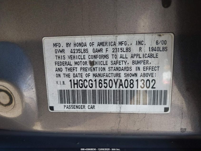 2000 Honda Accord 3.0 Ex VIN: 1HGCG1650YA081302 Lot: 43865036