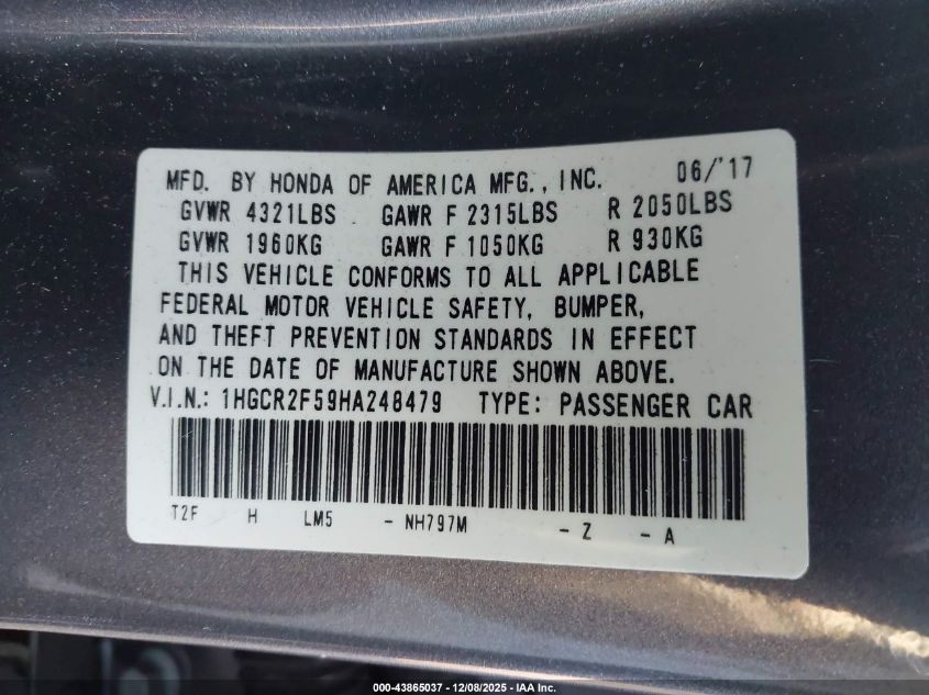 2017 Honda Accord Sport VIN: 1HGCR2F59HA248479 Lot: 43865037