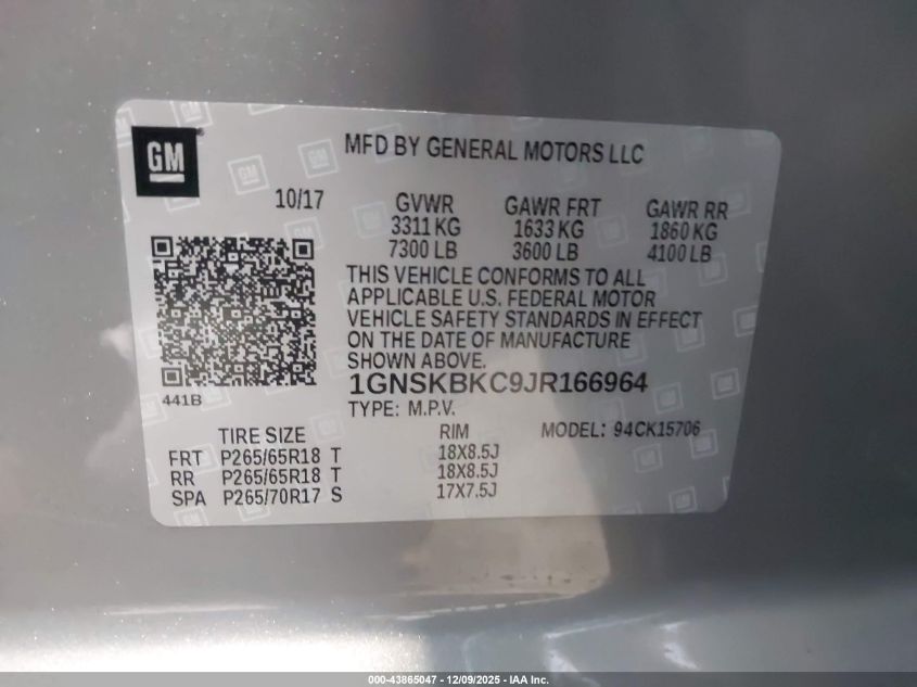 2018 Chevrolet Tahoe Lt VIN: 1GNSKBKC9JR166964 Lot: 43865047