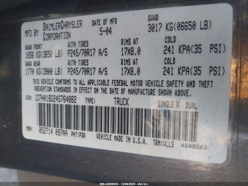 2004 Dodge Ram 1500 Slt/Laramie VIN: 1D7HA18D24S764882 Lot: 43865052