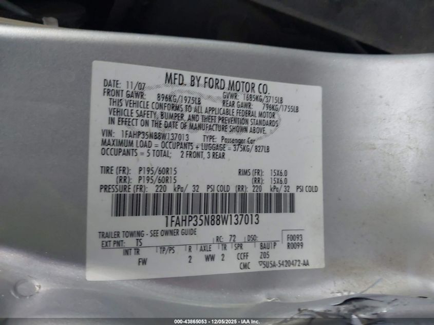 2008 Ford Focus Se/Ses VIN: 1FAHP35N88W137013 Lot: 43865053