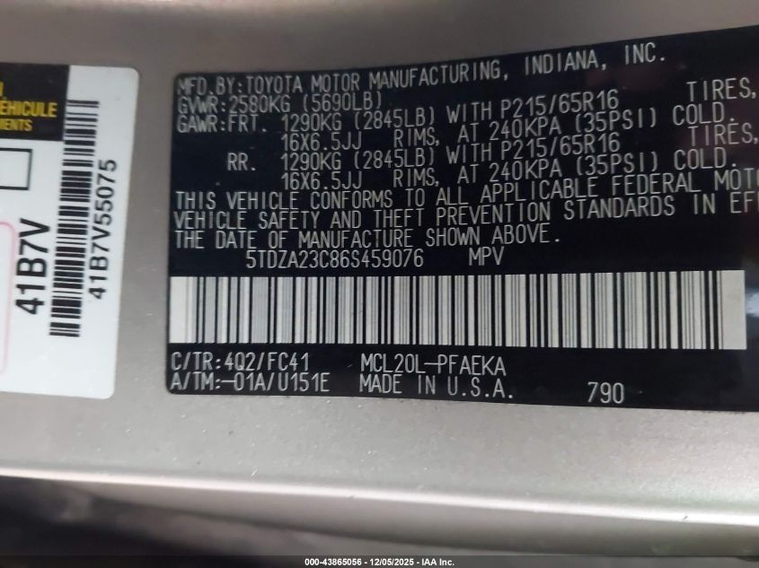 2006 Toyota Sienna Le VIN: 5TDZA23C86S459076 Lot: 43865056