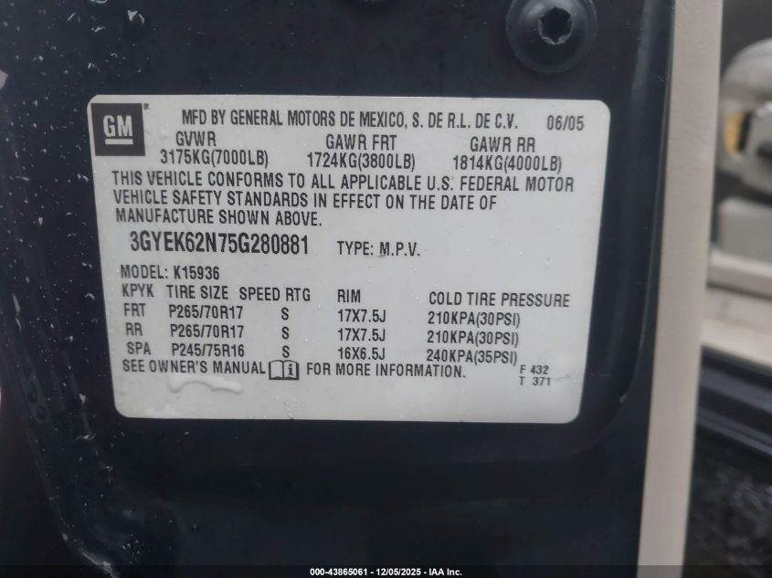 2005 Cadillac Escalade Ext Standard VIN: 3GYEK62N75G280881 Lot: 43865061