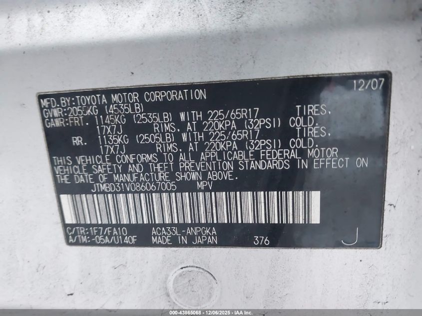 2008 Toyota Rav4 Limited VIN: JTMBD31V086067005 Lot: 43865068