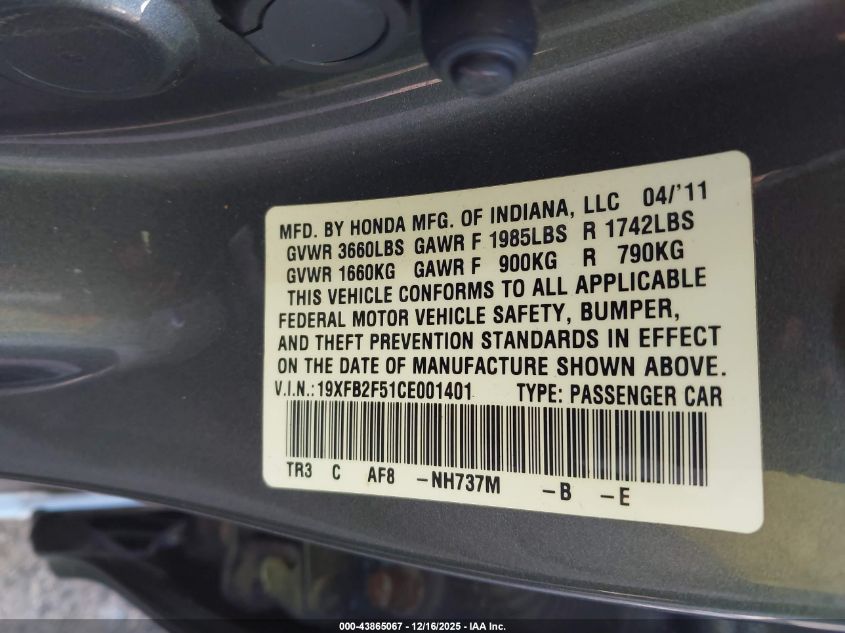 2012 Honda Civic Lx VIN: 19XFB2F51CE001401 Lot: 43865067