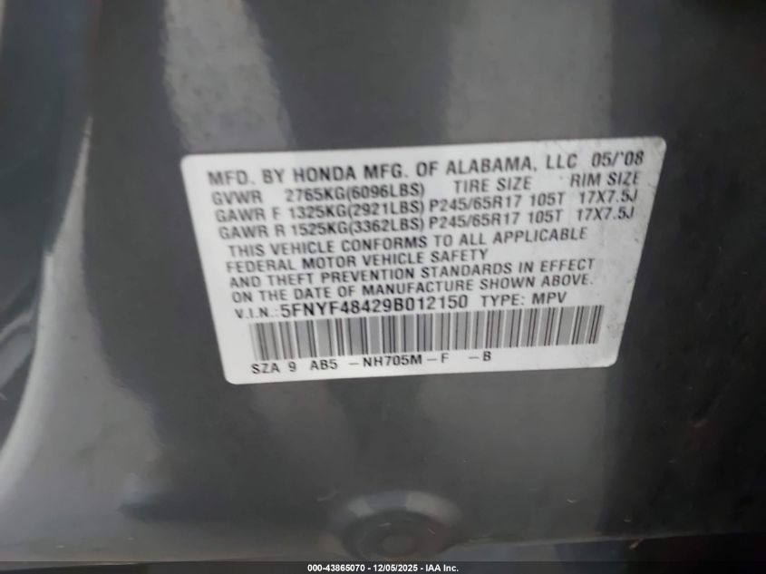 2009 Honda Pilot Ex VIN: 5FNYF48429B012150 Lot: 43865070