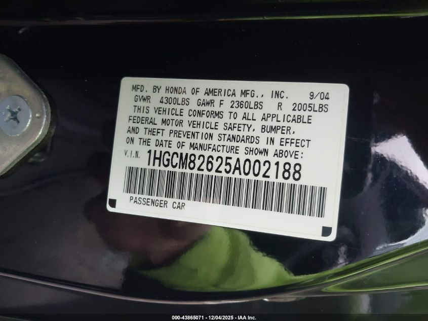 2005 Honda Accord 3.0 Ex VIN: 1HGCM82625A002188 Lot: 43865071