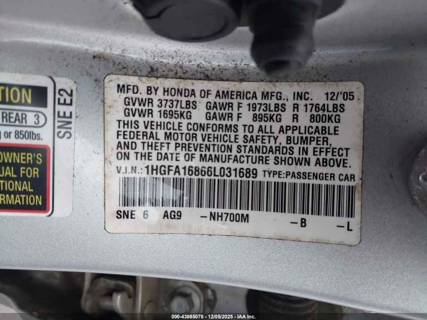 2006 Honda Civic Ex VIN: 1HGFA16866L031689 Lot: 43865078