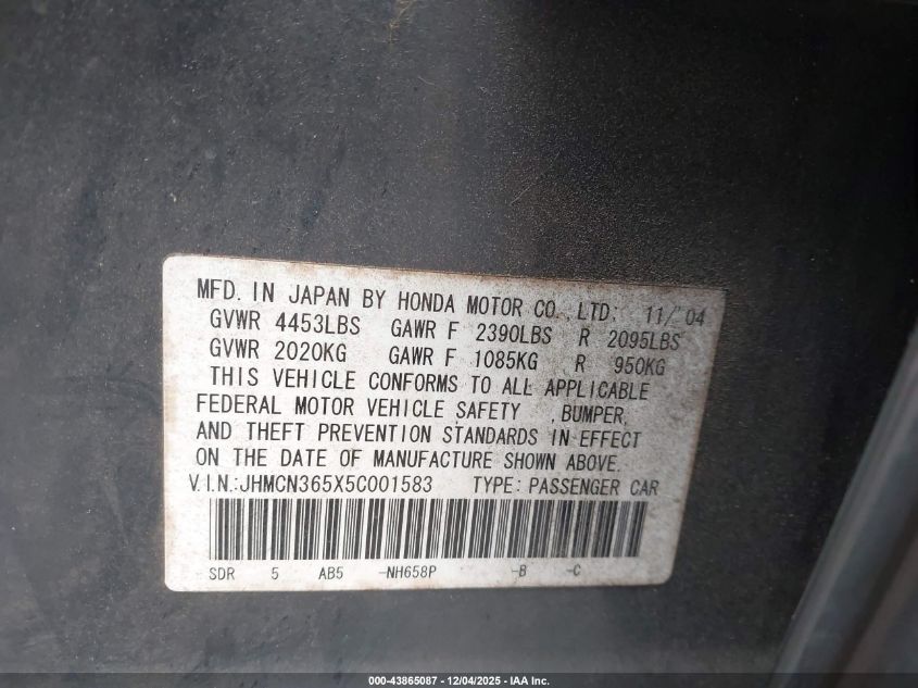 2005 Honda Accord Hybrid Ima VIN: JHMCN365X5C001583 Lot: 43865087