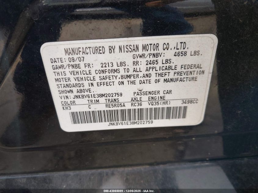 2008 Infiniti G35 Journey VIN: JNKBV61E38M202759 Lot: 43865089