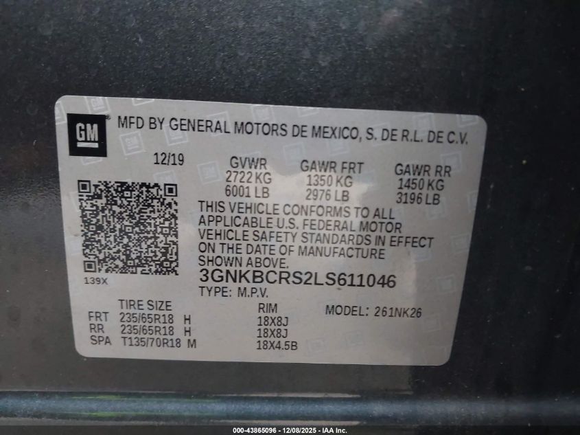 2020 Chevrolet Blazer Fwd 2Lt VIN: 3GNKBCRS2LS611046 Lot: 43865096