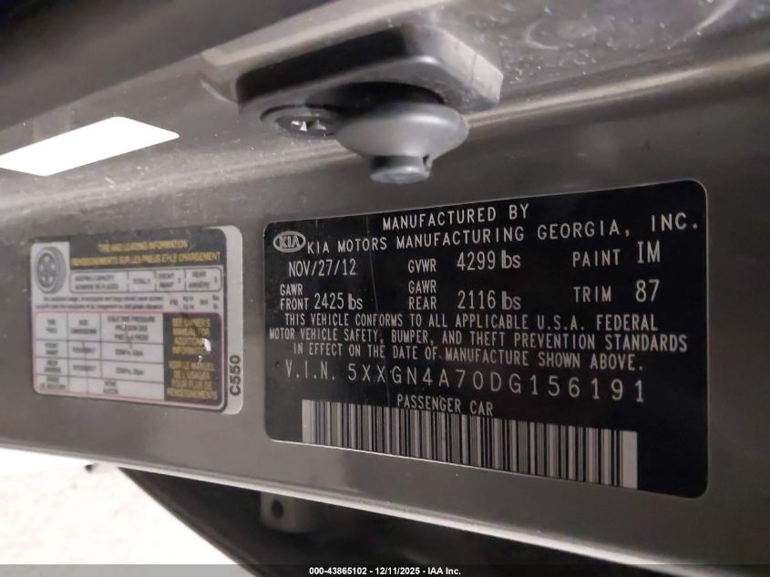 2013 Kia Optima Ex VIN: 5XXGN4A70DG156191 Lot: 43865102
