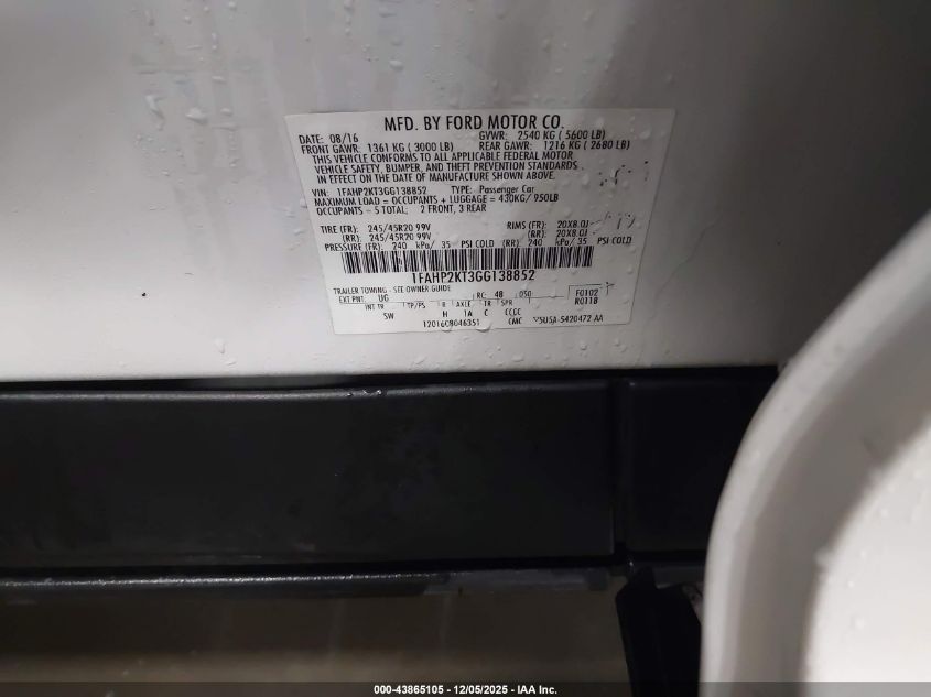 2016 Ford Taurus Sho VIN: 1FAHP2KT3GG138852 Lot: 43865105