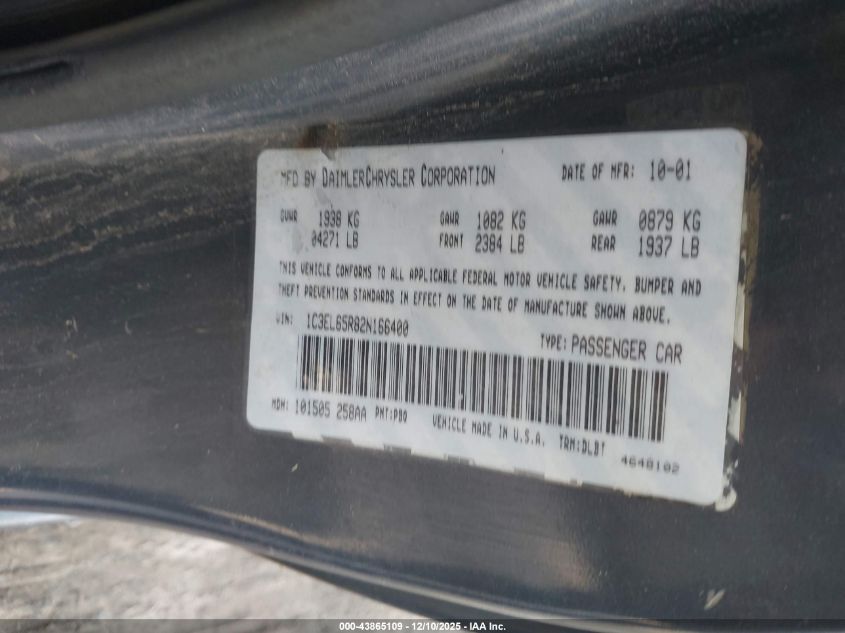 2002 Chrysler Sebring Limited VIN: 1C3EL65R82N166400 Lot: 43865109