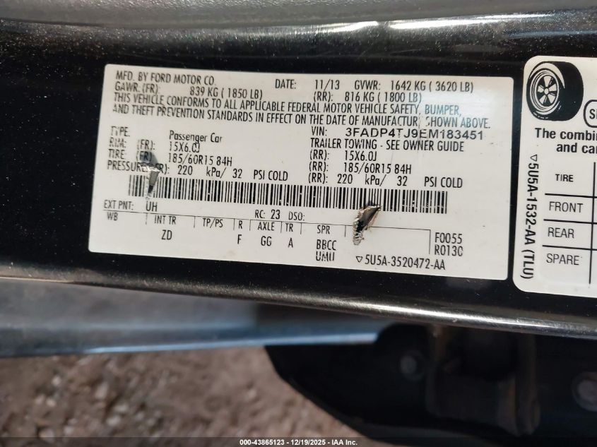 2014 Ford Fiesta S VIN: 3FADP4TJ9EM183451 Lot: 43865123