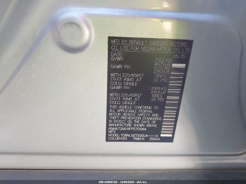 2015 Nissan Rogue Sv VIN: KNMAT2MVXFP570584 Lot: 43865128