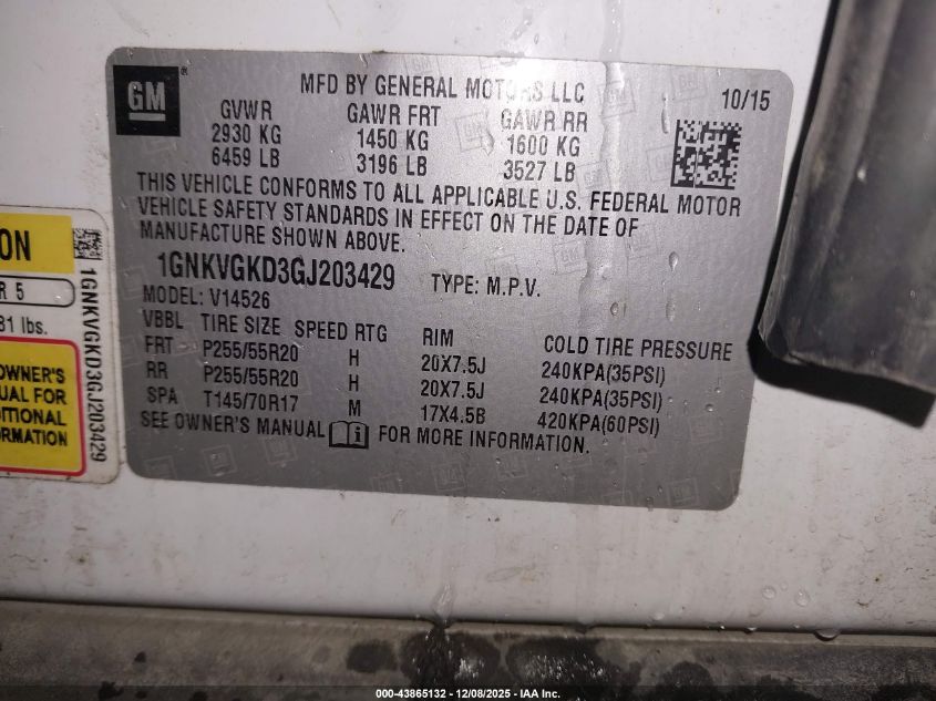 2016 Chevrolet Traverse 1Lt VIN: 1GNKVGKD3GJ203429 Lot: 43865132
