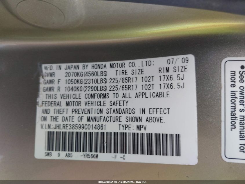 2009 Honda Cr-V Ex VIN: JHLRE38599C014861 Lot: 43865133