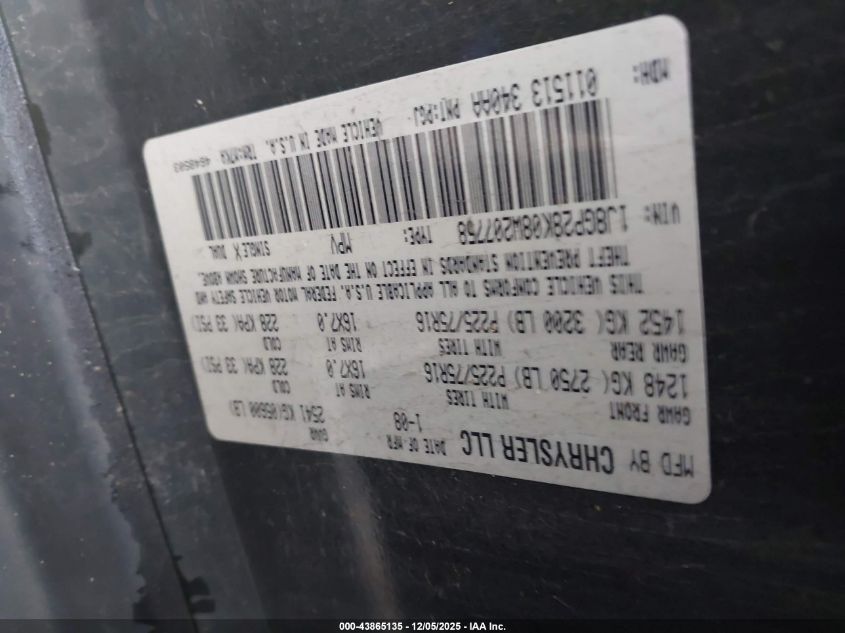 2008 Jeep Liberty Sport VIN: 1J8GP28K08W207758 Lot: 43865135