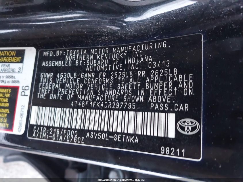 2013 Toyota Camry Le VIN: 4T4BF1FK4DR297795 Lot: 43865136