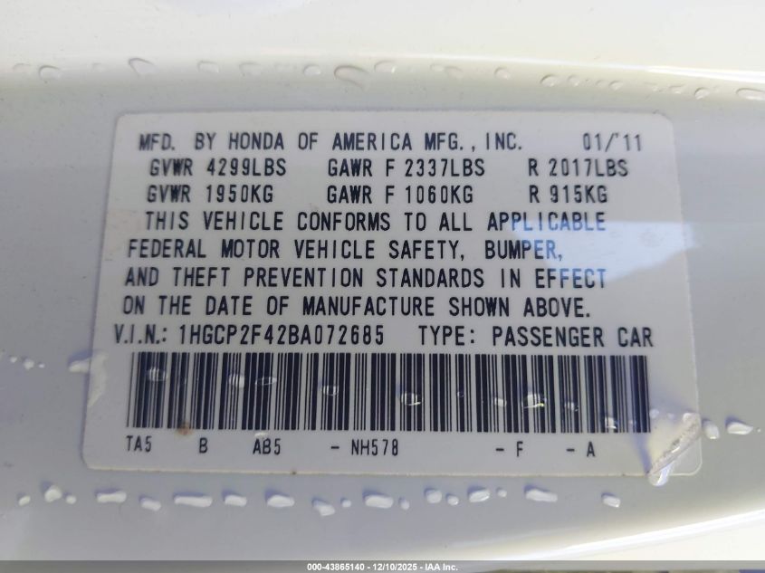 2011 Honda Accord 2.4 Lx-P VIN: 1HGCP2F42BA072685 Lot: 43865140
