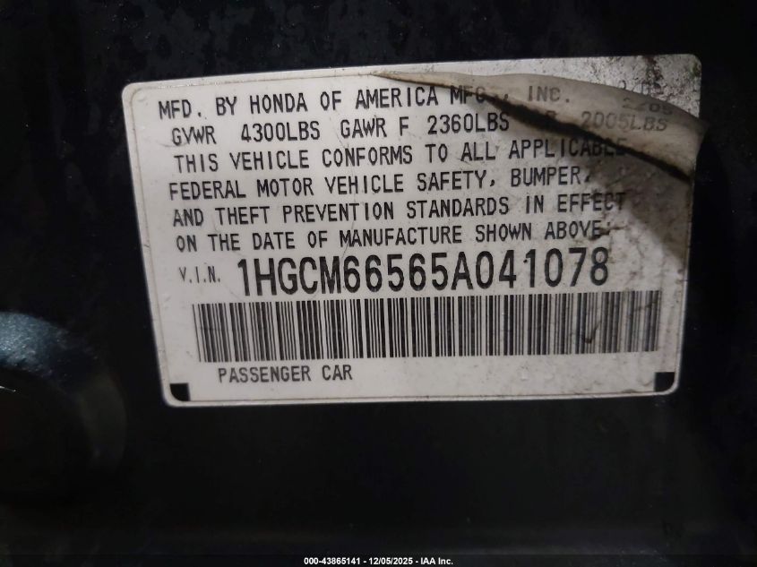 2005 Honda Accord 3.0 Ex VIN: 1HGCM66565A041078 Lot: 43865141