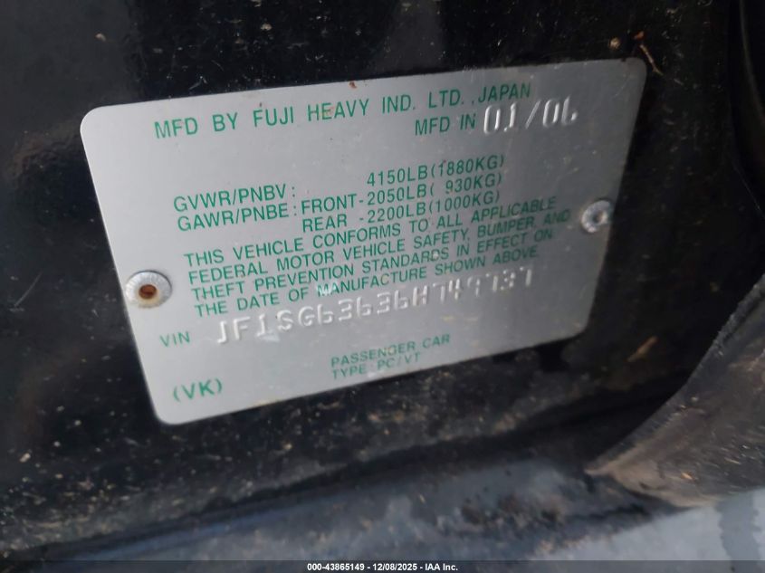 2006 Subaru Forester 2.5X VIN: JF1SG63636H749737 Lot: 43865149