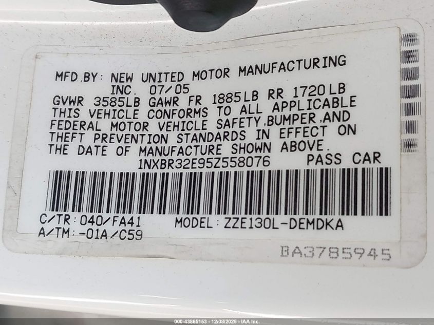 2005 Toyota Corolla Ce VIN: 1NXBR32E95Z558076 Lot: 43865153