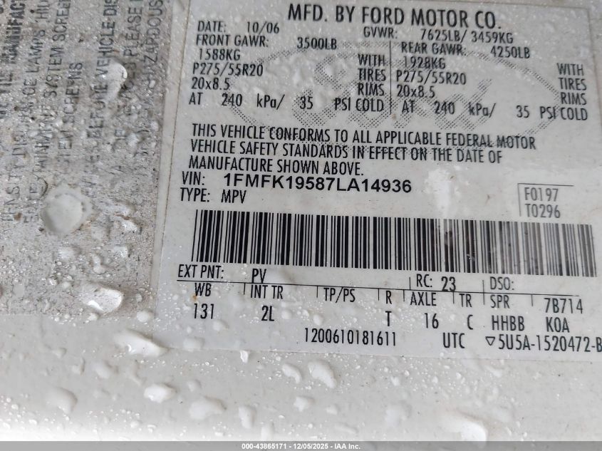 2007 Ford Expedition El Limited VIN: 1FMFK19587LA14936 Lot: 43865171
