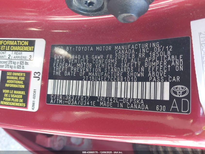 2012 Toyota Corolla S VIN: 2T1BU4EE7CC881010 Lot: 43865175