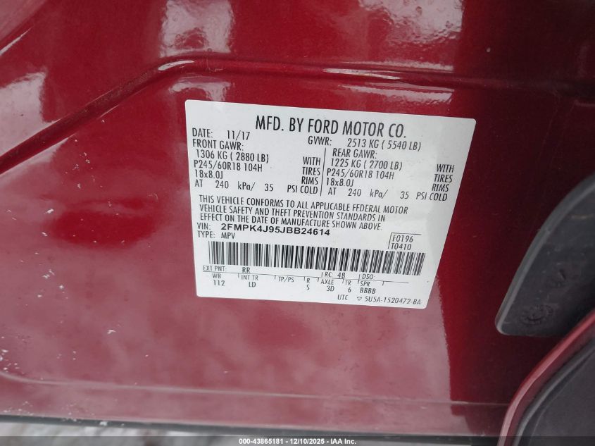 2018 Ford Edge Sel VIN: 2FMPK4J95JBB24614 Lot: 43865181