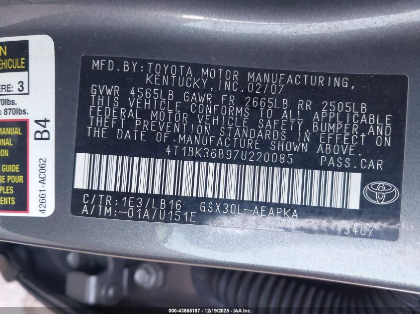 2007 Toyota Avalon Limited VIN: 4T1BK36B97U220085 Lot: 43865187