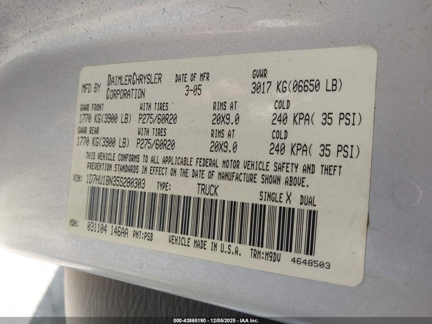 1D7HU18N35S280303 2005 DODGE RAM photo no. 9