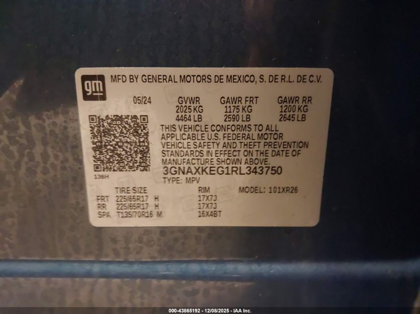 2024 Chevrolet Equinox Fwd Lt VIN: 3GNAXKEG1RL343750 Lot: 43865192