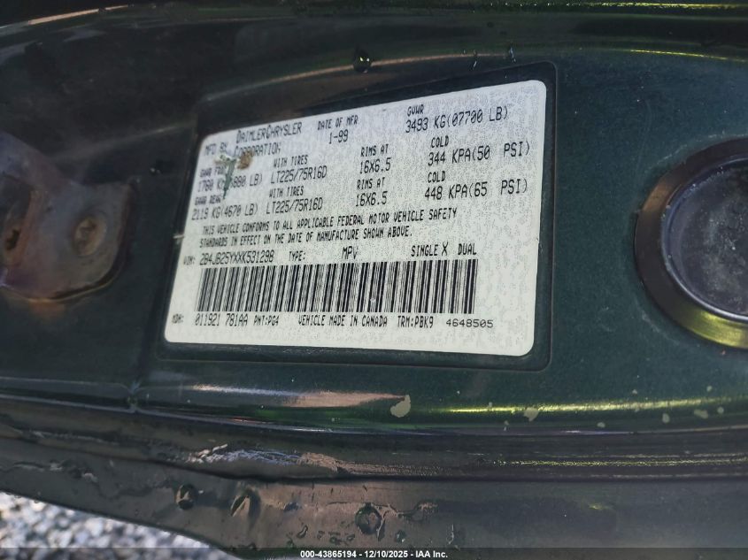 1999 Dodge Ram Wagon 2500 VIN: 2B4JB25YXXK531298 Lot: 43865194