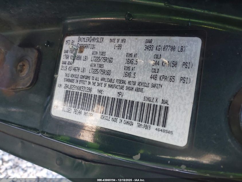 1999 Dodge Ram Wagon 2500 VIN: 2B4JB25YXXK531298 Lot: 43865194