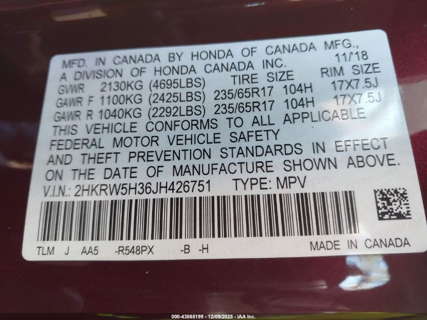 2018 Honda Cr-V Lx VIN: 2HKRW5H36JH426751 Lot: 43865199
