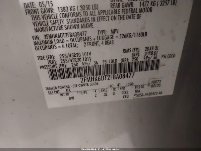 2015 Ford Flex Limited VIN: 2FMHK6DT2FBA08477 Lot: 43865206