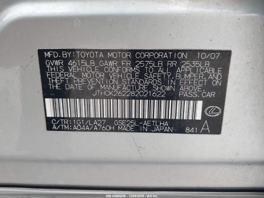 2008 Lexus Is 250 VIN: JTHCK262282021622 Lot: 43865208