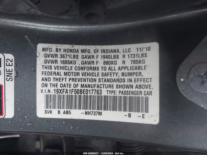 2011 Honda Civic Lx VIN: 19XFA1F50BE017763 Lot: 43865227