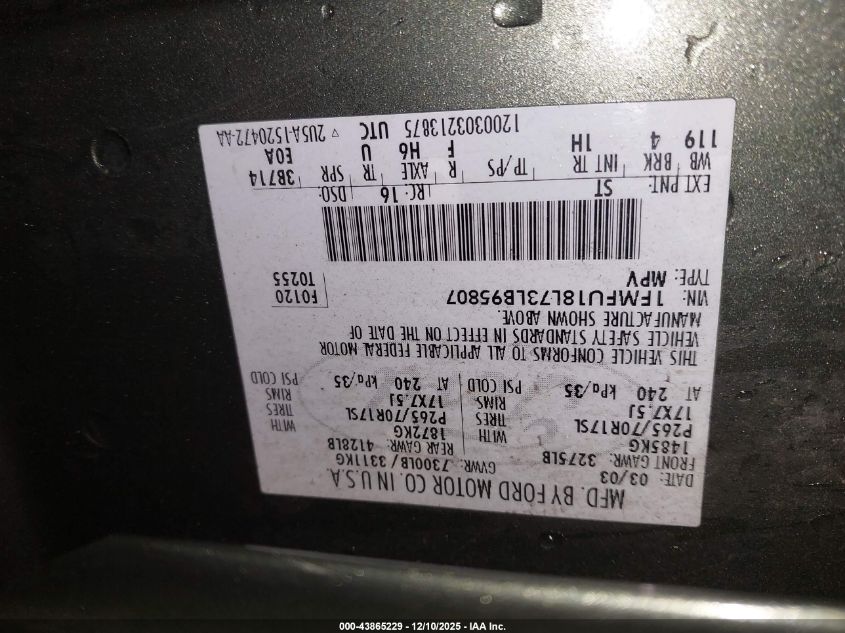 2003 Ford Expedition Eddie Bauer VIN: 1FMFU18L73LB95807 Lot: 43865229