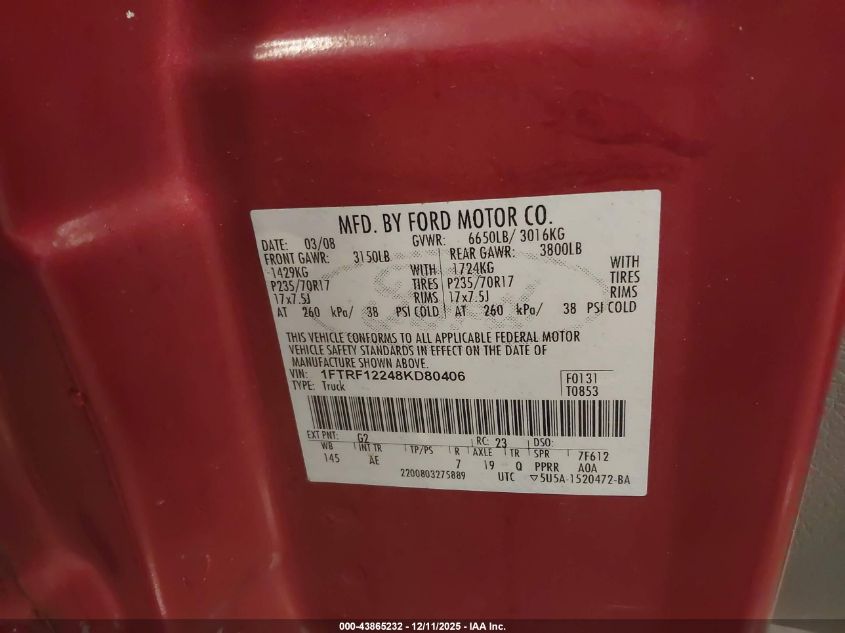 2008 Ford F-150 Stx/Xl/Xlt VIN: 1FTRF12248KD80406 Lot: 43865232
