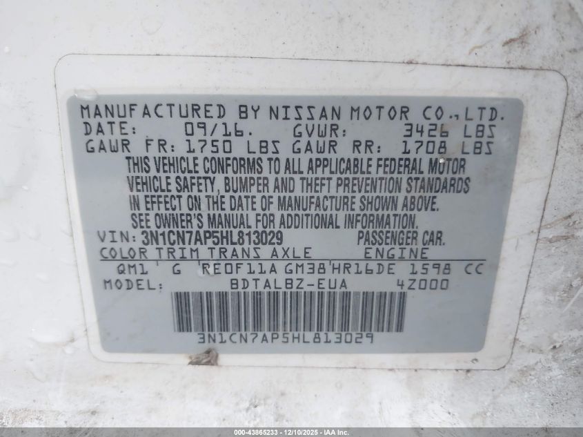 2017 Nissan Versa 1.6 S/1.6 S+/1.6 Sl/1.6 Sv VIN: 3N1CN7AP5HL813029 Lot: 43865233