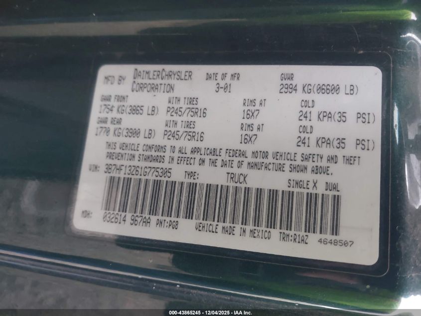 2001 Dodge Ram 1500 St VIN: 3B7HF13Z61G775305 Lot: 43865245