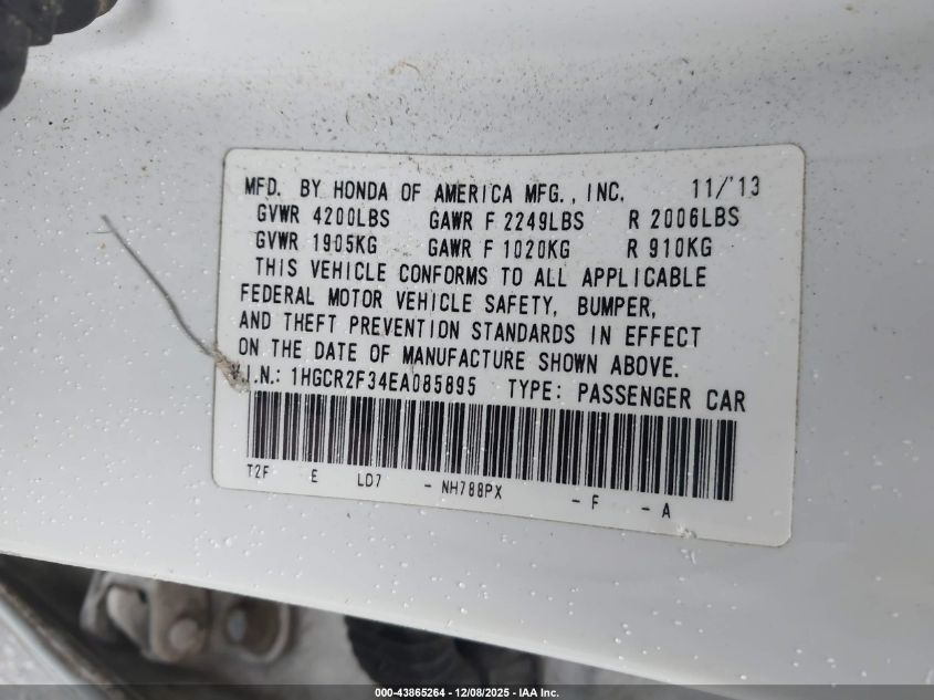 2014 Honda Accord Lx VIN: 1HGCR2F34EA085895 Lot: 43865264