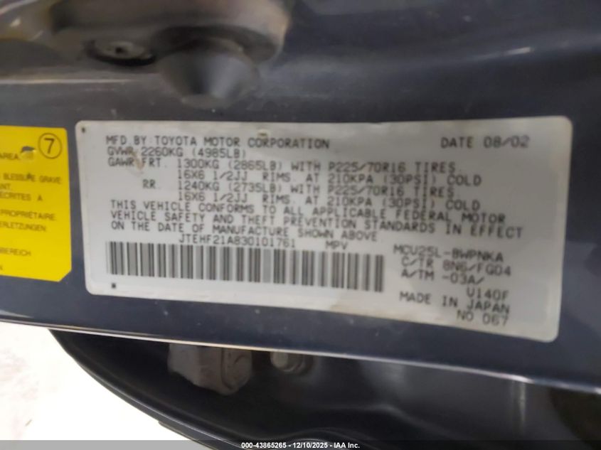 2003 Toyota Highlander V6 VIN: JTEHF21A830101761 Lot: 43865265