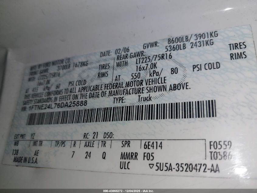 2006 Ford E-250 Commercial/Recreational VIN: 1FTNE24L76DA25888 Lot: 43865198