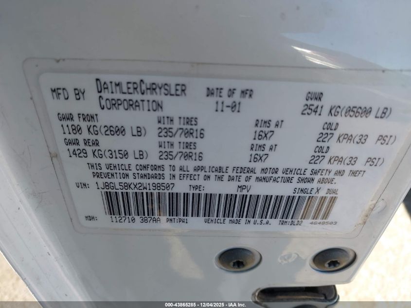 2002 Jeep Liberty Limited Edition VIN: 1J8GL58KX2W198507 Lot: 43865285