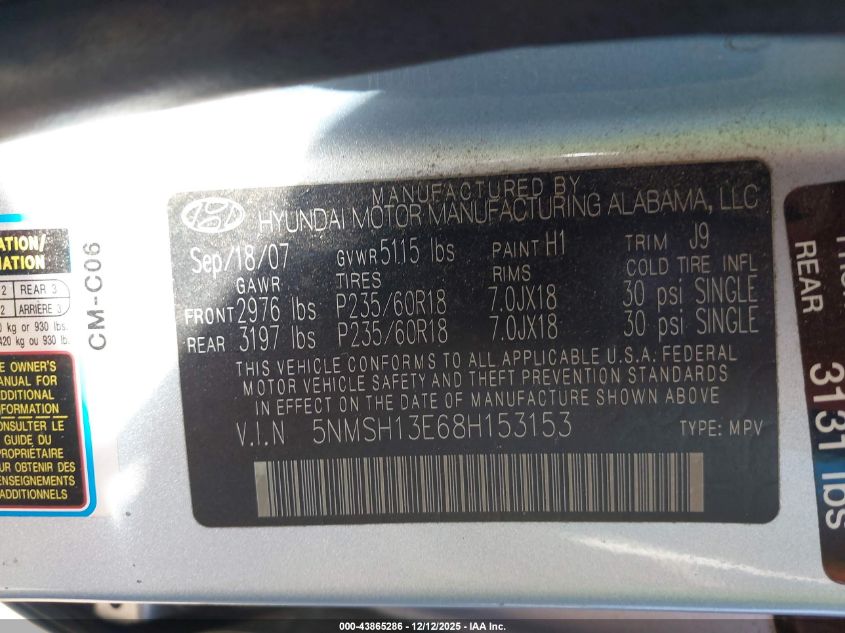 2008 Hyundai Santa Fe Limited/Se VIN: 5NMSH13E68H153153 Lot: 43865286